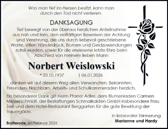 Traueranzeige von Norbert Weislowski von Südthüringer Presse