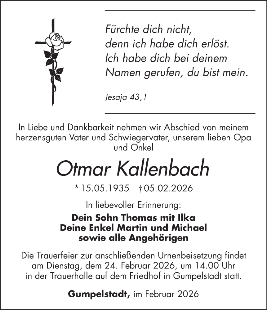  Traueranzeige für Otmar Kallenbach vom 14.02.2026 aus Südthüringer Presse