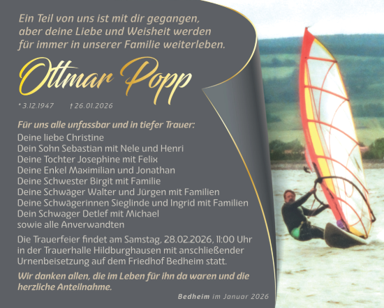 Traueranzeige von Ottmar Popp von Südthüringer Presse