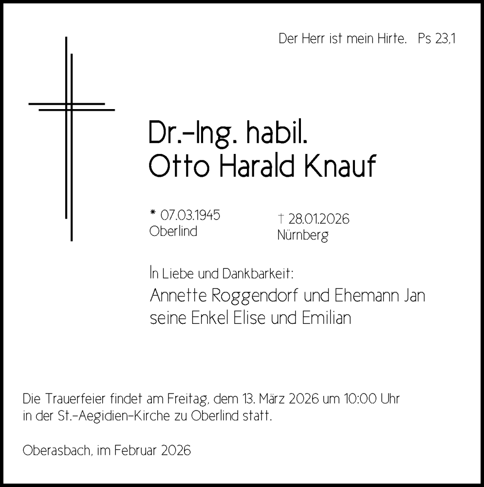  Traueranzeige für Otto Harald Knauf vom 10.02.2026 aus Südthüringer Presse