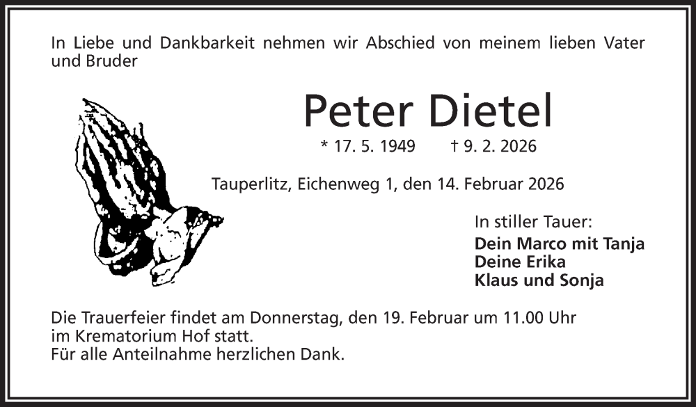  Traueranzeige für Peter Dietel vom 14.02.2026 aus Frankenpost