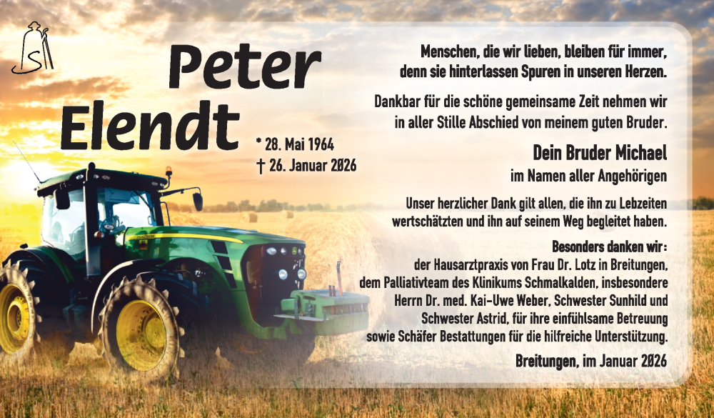  Traueranzeige für Peter Elendt vom 07.02.2026 aus Südthüringer Presse