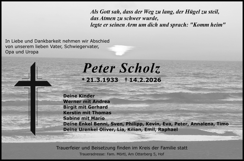  Traueranzeige für Peter Scholz vom 21.02.2026 aus Frankenpost