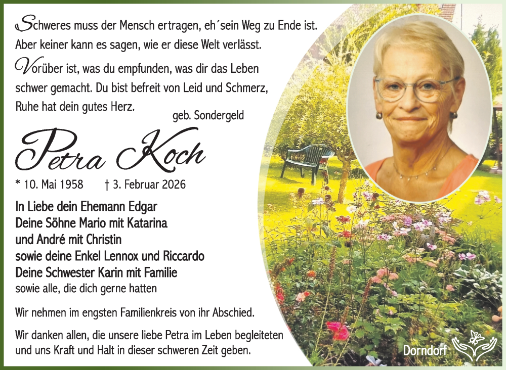  Traueranzeige für Petra Koch vom 14.02.2026 aus Südthüringer Presse