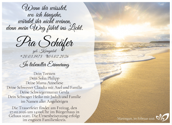 Traueranzeige von Pia Schäfer von Südthüringer Presse