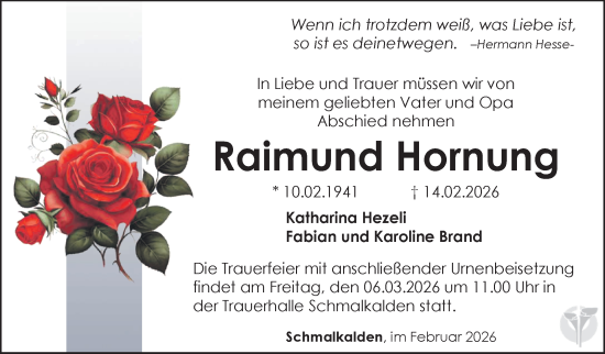 Traueranzeige von Raimund Hornung von Südthüringer Presse