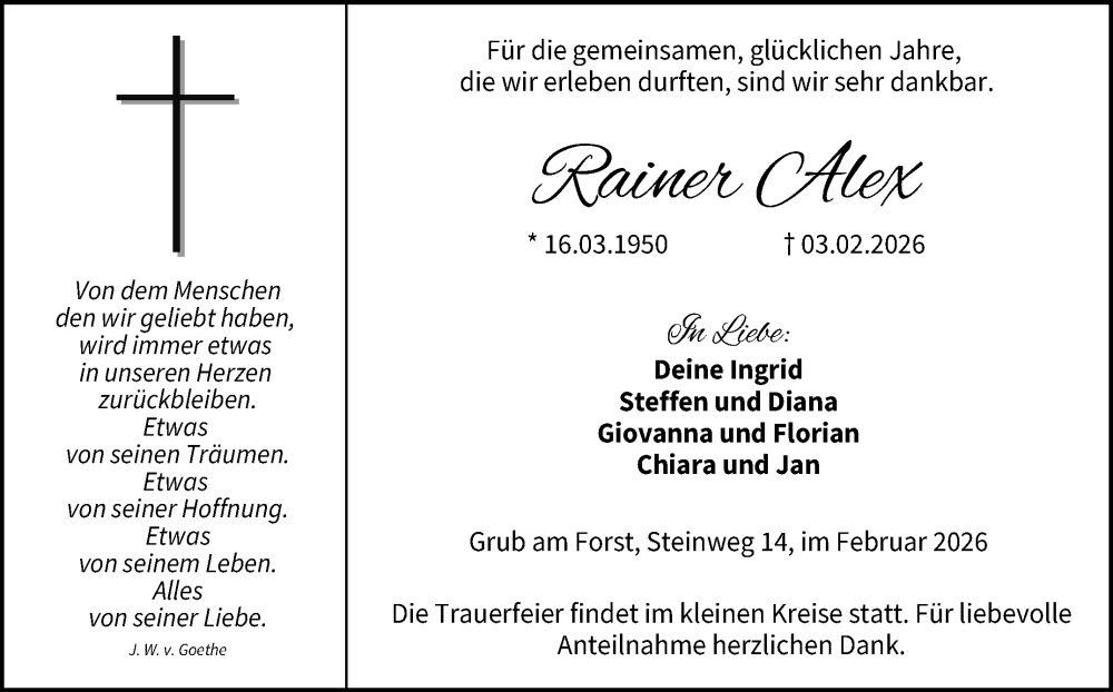  Traueranzeige für Rainer Alex vom 07.02.2026 aus Neue Presse Coburg