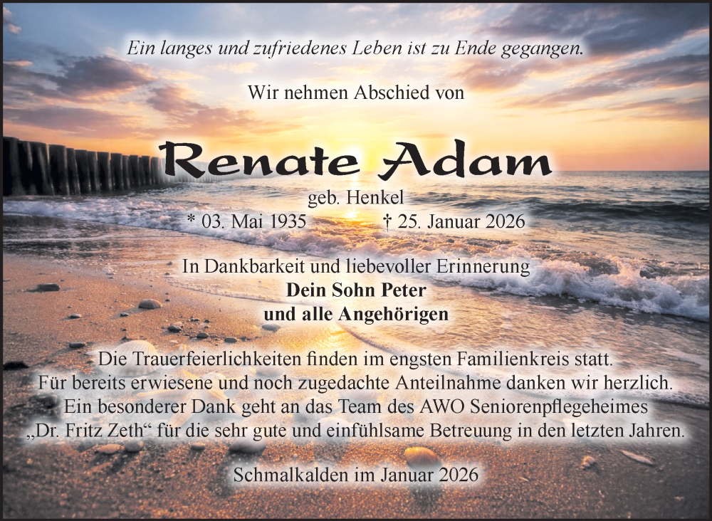  Traueranzeige für Renate Adam vom 07.02.2026 aus Südthüringer Presse