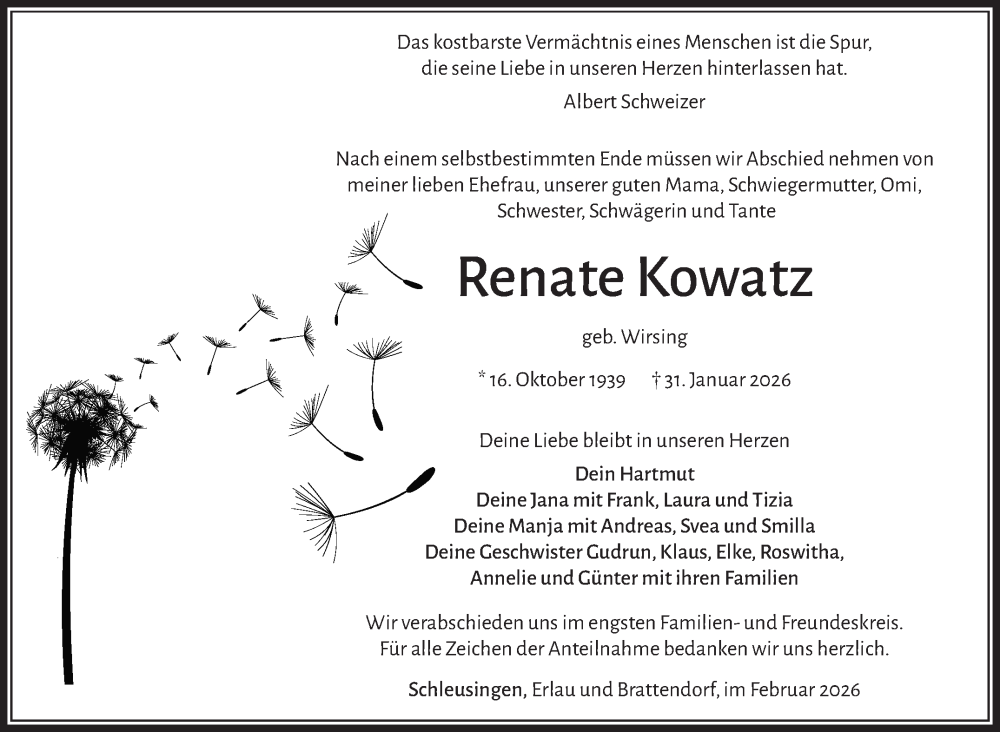  Traueranzeige für Renate Kowatz vom 14.02.2026 aus Südthüringer Presse