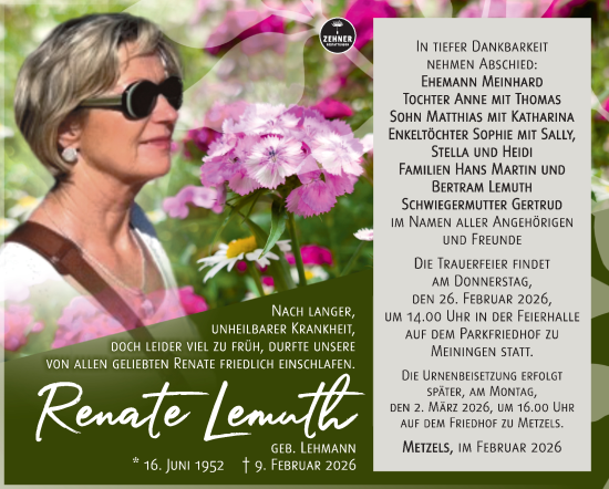 Traueranzeige von Renate Lemuth von Südthüringer Presse