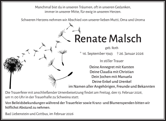 Traueranzeige von Renate Malsch von Südthüringer Presse