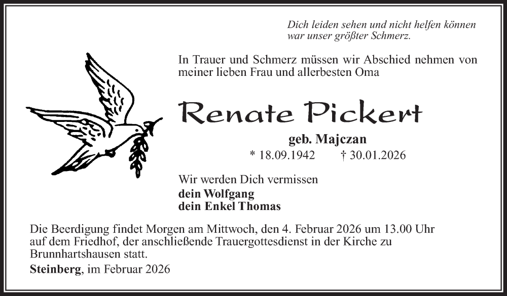  Traueranzeige für Renate Pickert vom 03.02.2026 aus Südthüringer Presse