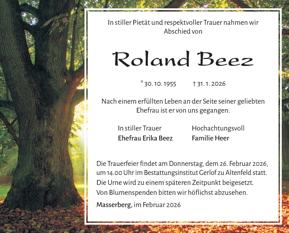  Traueranzeige für Roland Beez vom 21.02.2026 aus Südthüringer Presse