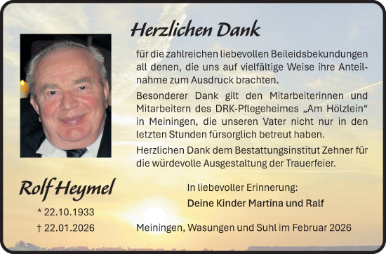 Traueranzeige von Rolf Heymel von Südthüringer Presse