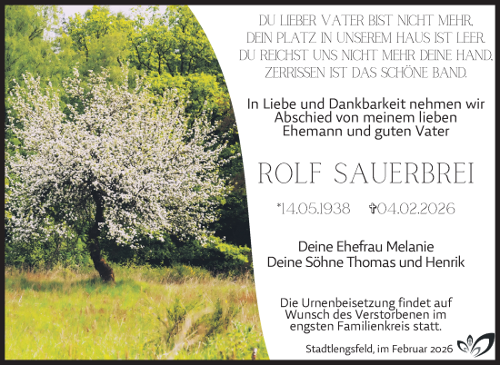 Traueranzeige von Rolf Sauerbrei von Südthüringer Presse