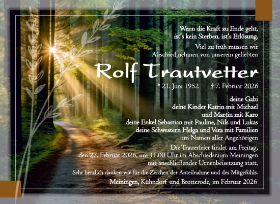 Traueranzeige von Rolf Trautvetter von Südthüringer Presse
