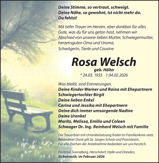 Traueranzeige von Rosa Welsch von Südthüringer Presse