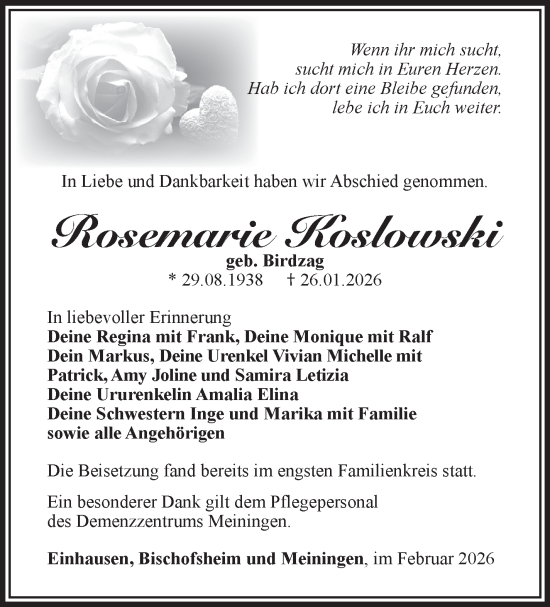 Traueranzeige von Rosemarie Koslowski von Südthüringer Presse
