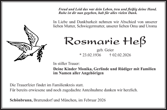 Traueranzeige von Rosmarie Heß von Südthüringer Presse