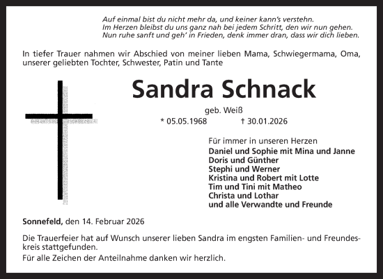 Traueranzeige von Sandra Schnack von Neue Presse Coburg