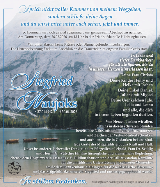 Traueranzeige von Siegfried Naujoks von Südthüringer Presse