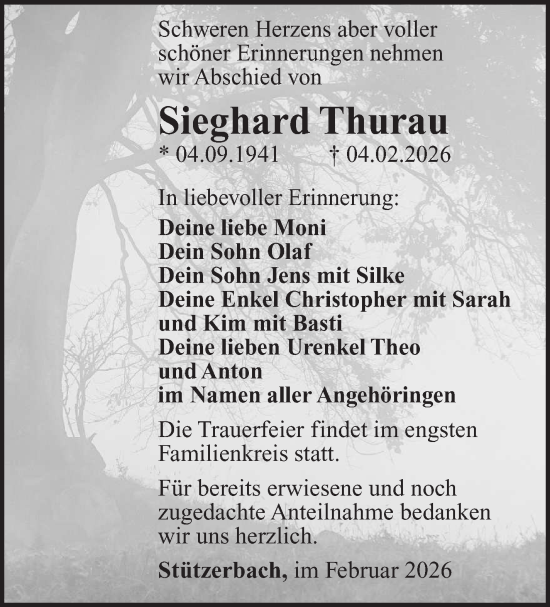 Traueranzeige von Sieghard Thurau von Südthüringer Presse