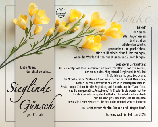 Traueranzeige von Sieglinde Günsch von Südthüringer Presse