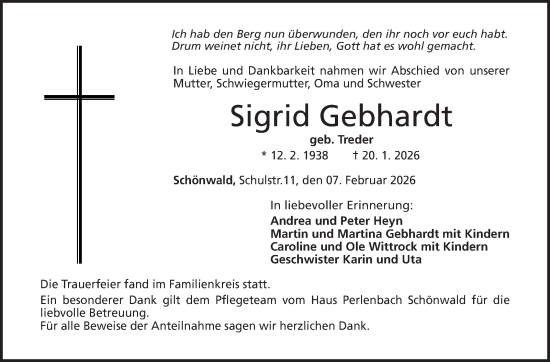 Traueranzeige von Sigrid Gebhardt von Frankenpost