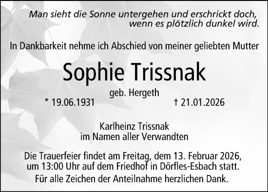 Traueranzeige von Sophie Trissnak von Neue Presse Coburg