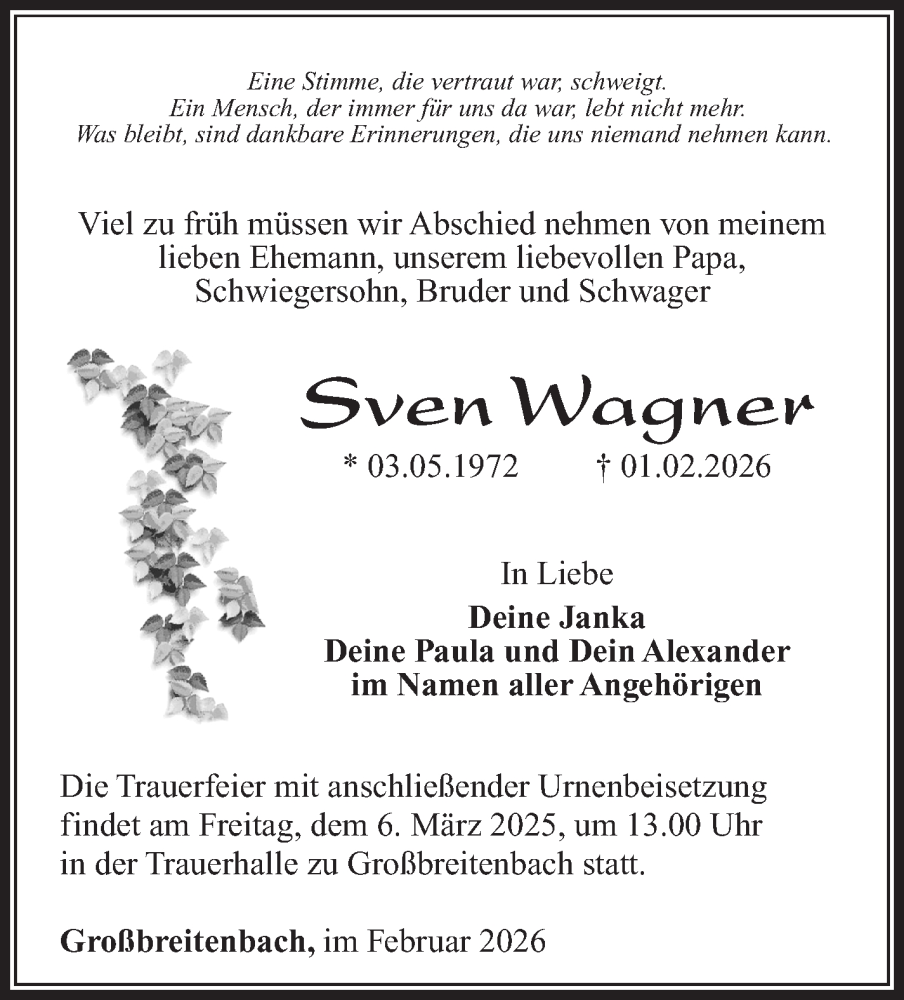  Traueranzeige für Sven Wagner vom 21.02.2026 aus Südthüringer Presse