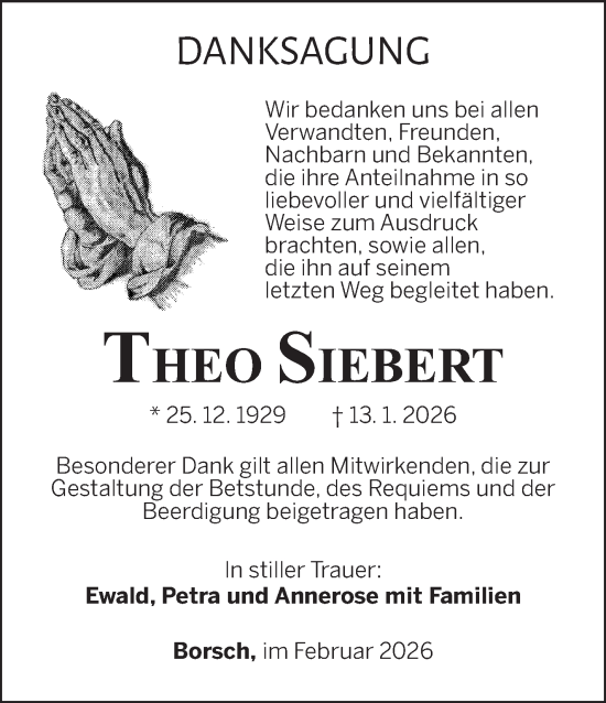 Traueranzeige von Theo Siebert von Südthüringer Presse