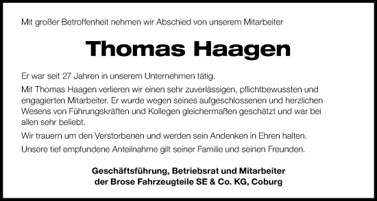 Traueranzeige von Thomas Haagen von Neue Presse Coburg