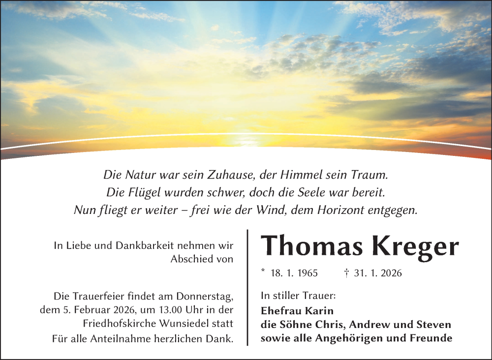  Traueranzeige für Thomas Kreger vom 04.02.2026 aus Frankenpost