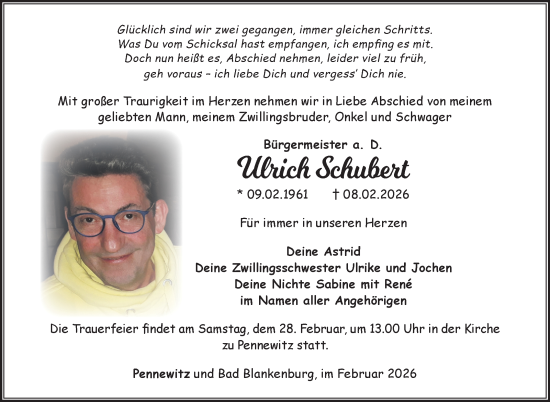 Traueranzeige von Ulrich Schubert von Südthüringer Presse