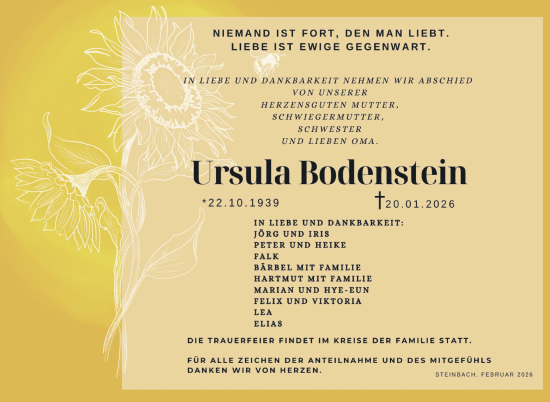 Traueranzeige von Ursula Bodenstein von Südthüringer Presse