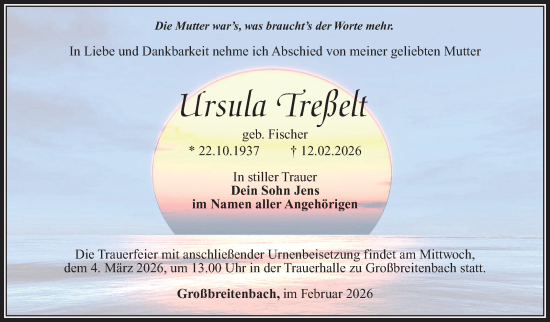 Traueranzeige von Ursula Treßelt von Südthüringer Presse