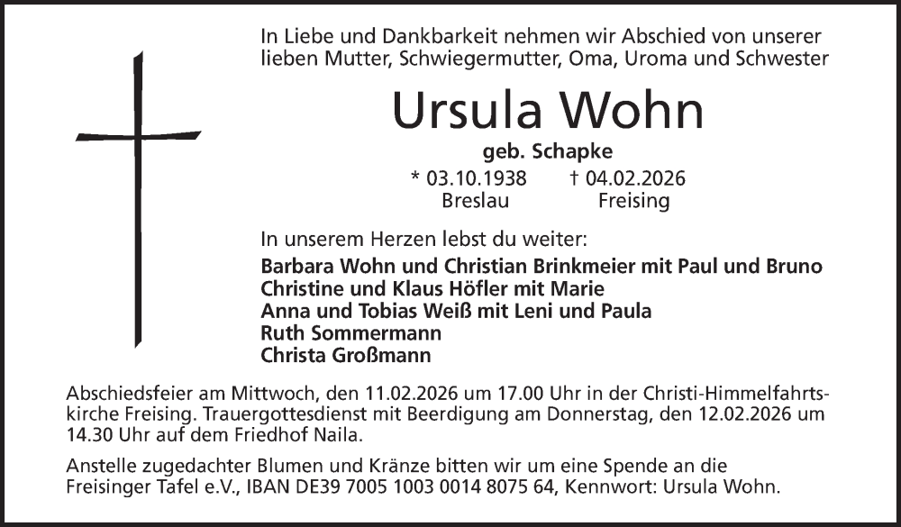  Traueranzeige für Ursula Wohn vom 07.02.2026 aus Frankenpost