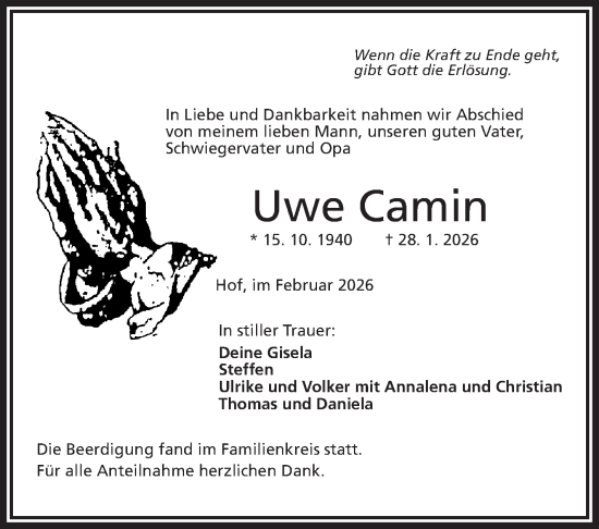 Traueranzeige von Uwe Camin von Frankenpost