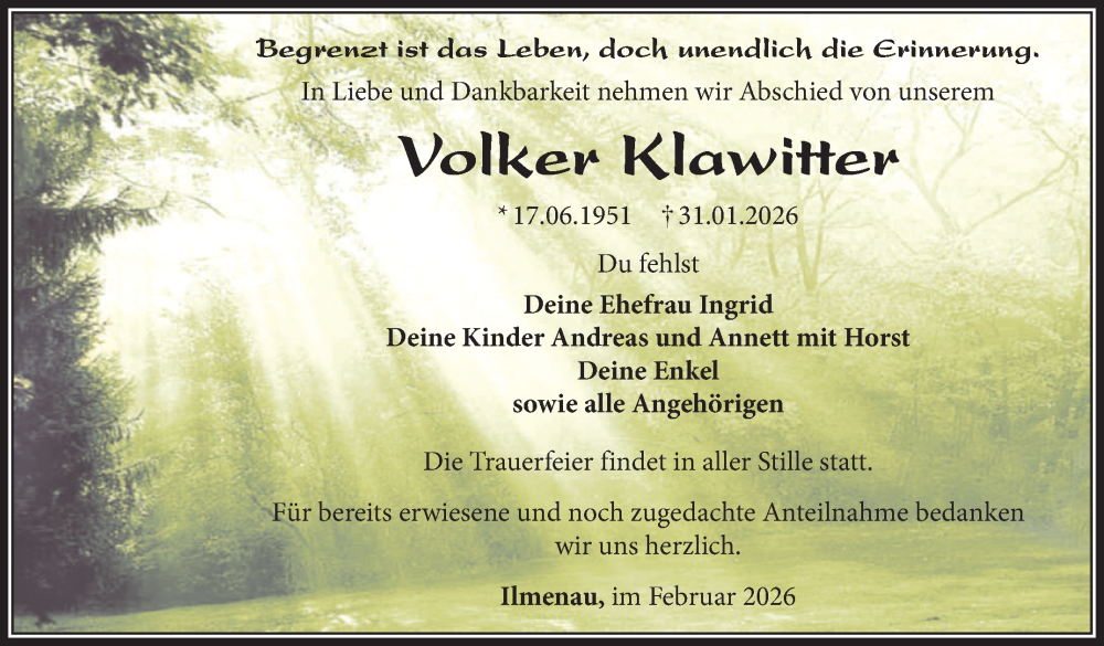  Traueranzeige für Volker Klawitter vom 21.02.2026 aus Südthüringer Presse