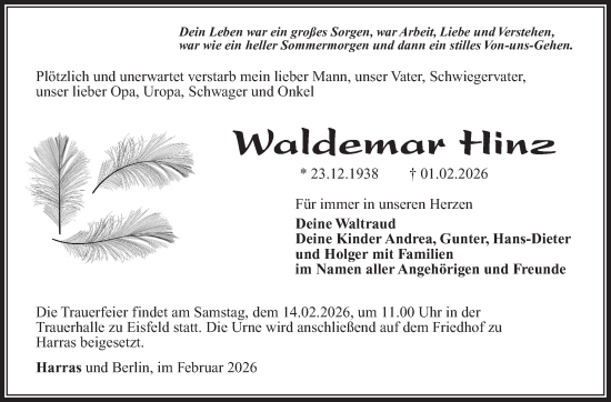 Traueranzeige von Waldemar Hinz von Südthüringer Presse