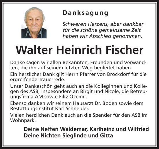 Traueranzeige von Walter Heinrich Fischer von Neue Presse Coburg