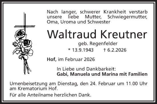 Traueranzeige von Waltraud Kreutner von Frankenpost