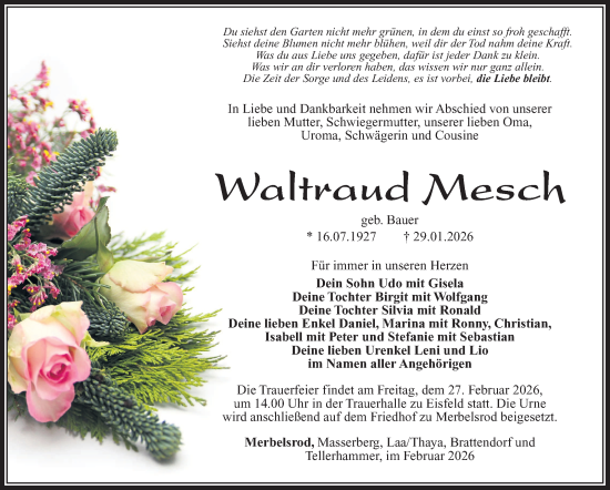 Traueranzeige von Waltraud Mesch von Südthüringer Presse