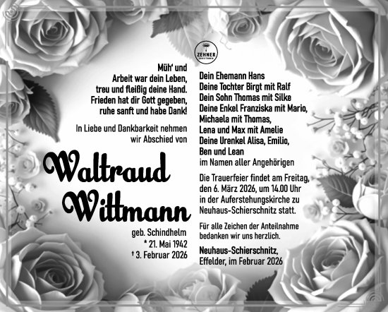 Traueranzeige von Waltraud Wittmann von Südthüringer Presse