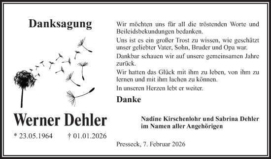 Traueranzeige von Werner Dehler von Frankenpost