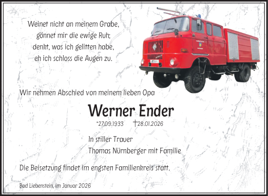 Traueranzeige von Werner Ender von Südthüringer Presse