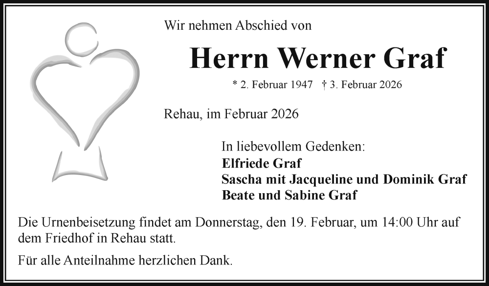  Traueranzeige für Werner Graf vom 17.02.2026 aus Frankenpost