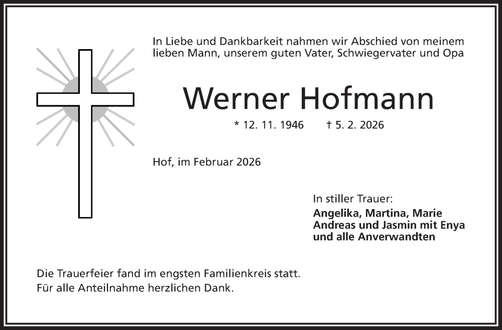  Traueranzeige für Werner Hofmann vom 14.02.2026 aus Frankenpost