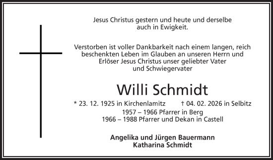 Traueranzeige von Willi Schmidt von Frankenpost