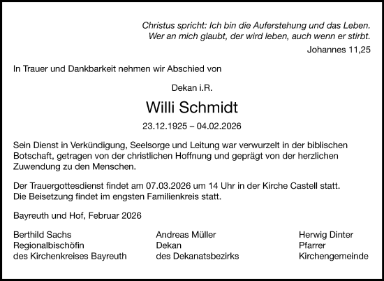 Traueranzeige von Willi Schmidt von Frankenpost
